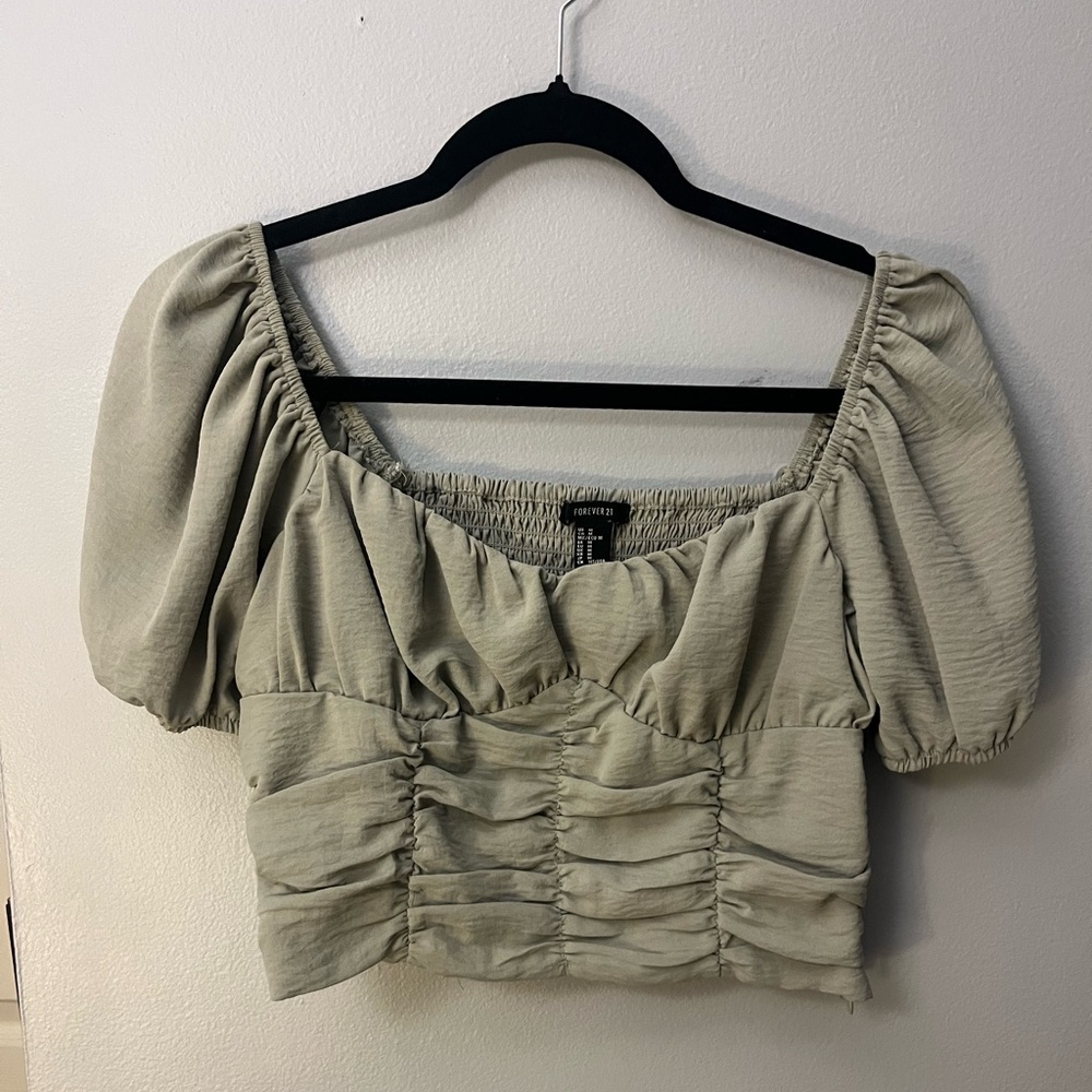 Forever 21 Cute Sage Green Puff Sleeve Crop Top